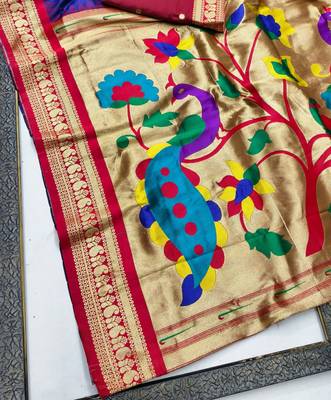 Navy blue zari woven paithani silk blend saree with blouse piece 3