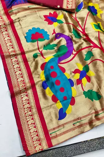 Navy blue zari woven paithani silk blend saree with blouse piece