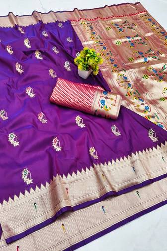 Purple zari woven paithani silk blend saree with blouse piece