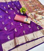 Purple zari woven paithani silk blend saree with blouse piece