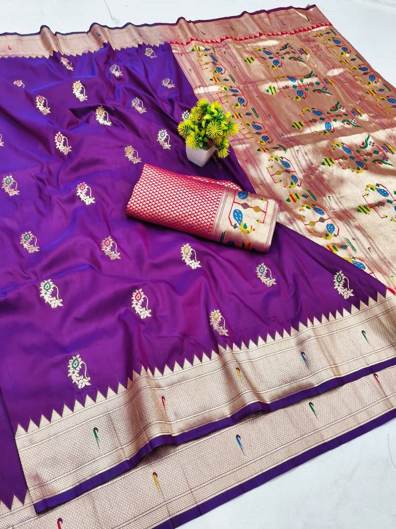 Purple zari woven paithani silk blend saree with blouse piece