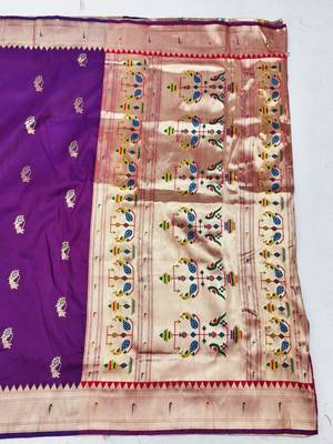 Purple zari woven paithani silk blend saree with blouse piece 2