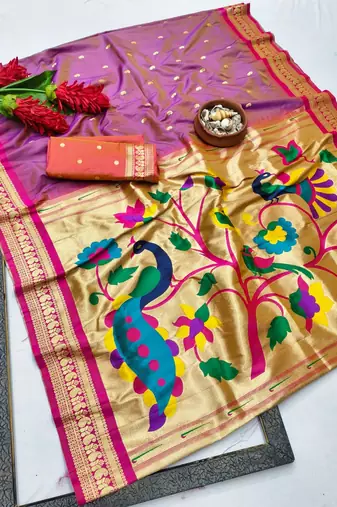 Lavender zari woven paithani silk blend saree with blouse piece
