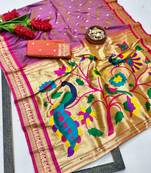 Lavender zari woven paithani silk blend saree with blouse piece