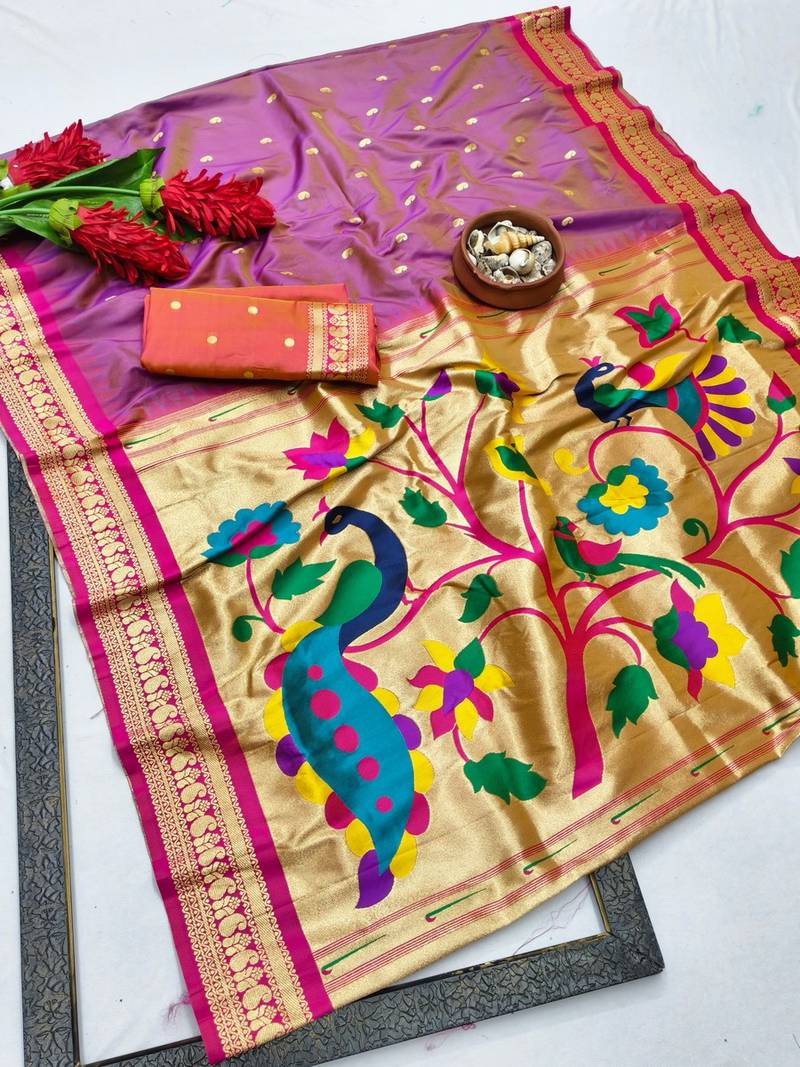 Lavender zari woven paithani silk blend saree with blouse piece
