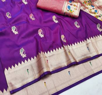 Purple zari woven paithani silk blend saree with blouse piece 3