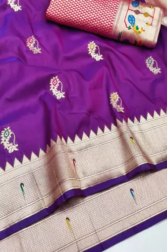 Purple zari woven paithani silk blend saree with blouse piece