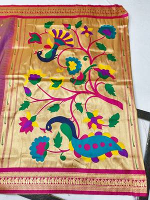Lavender zari woven paithani silk blend saree with blouse piece 2