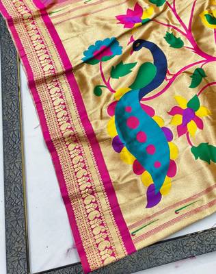 Lavender zari woven paithani silk blend saree with blouse piece 3