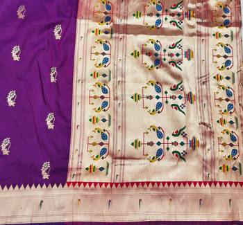 Purple zari woven paithani silk blend saree with blouse piece 5