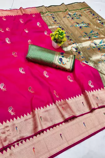 Pink zari woven paithani silk blend saree with blouse piece