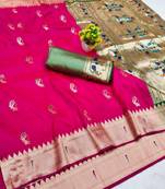 Pink zari woven paithani silk blend saree with blouse piece