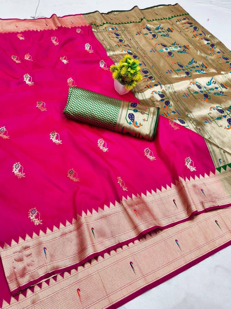 Pink zari woven paithani silk blend saree with blouse piece