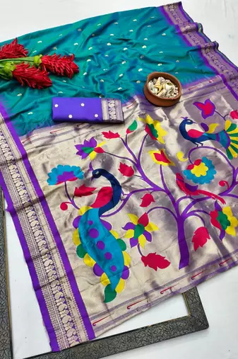 Teal zari woven paithani silk blend saree with blouse piece