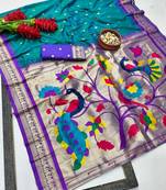 Teal zari woven paithani silk blend saree with blouse piece