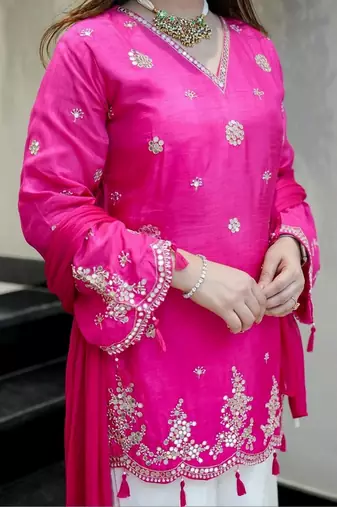 Pink color stylish and partywear silk beautiful partywear dress