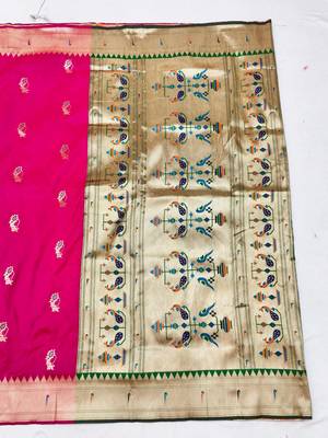 Pink zari woven paithani silk blend saree with blouse piece 2