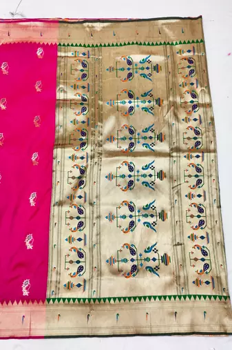 Pink zari woven paithani silk blend saree with blouse piece
