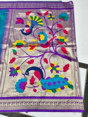 Teal zari woven paithani silk blend saree with blouse piece 2