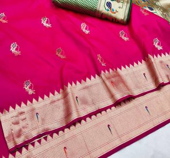 Pink zari woven paithani silk blend saree with blouse piece 3