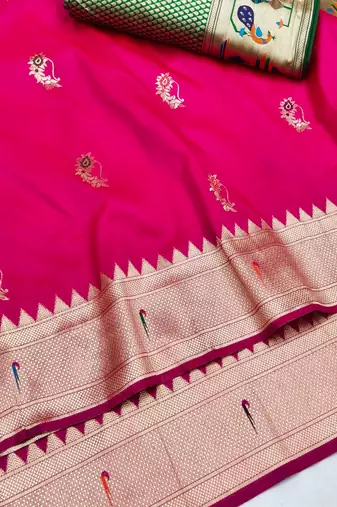 Pink zari woven paithani silk blend saree with blouse piece