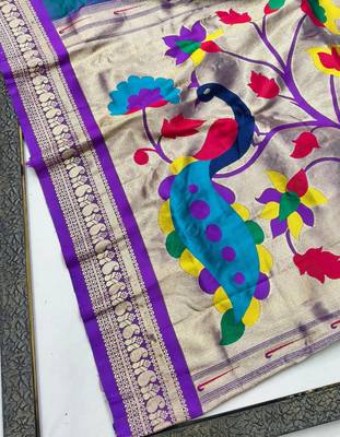 Teal zari woven paithani silk blend saree with blouse piece 3