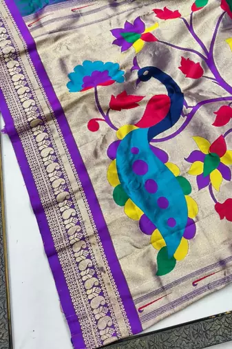 Teal zari woven paithani silk blend saree with blouse piece