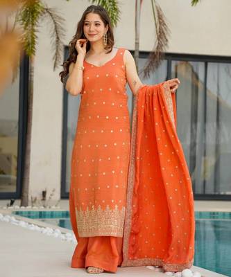 Orange color stylish and partywear chinon beautiful partywear dress 1