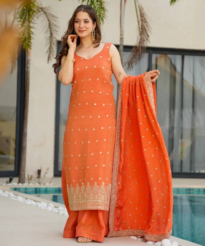 Orange color stylish and partywear chinon beautiful partywear dress