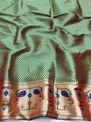 Pink zari woven paithani silk blend saree with blouse piece 4