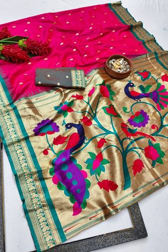 Rani pink zari woven paithani silk blend saree with blouse piece