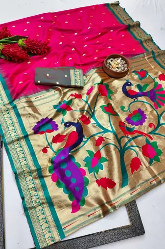 Rani pink zari woven paithani silk blend saree with blouse piece