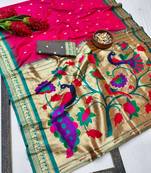 Rani pink zari woven paithani silk blend saree with blouse piece