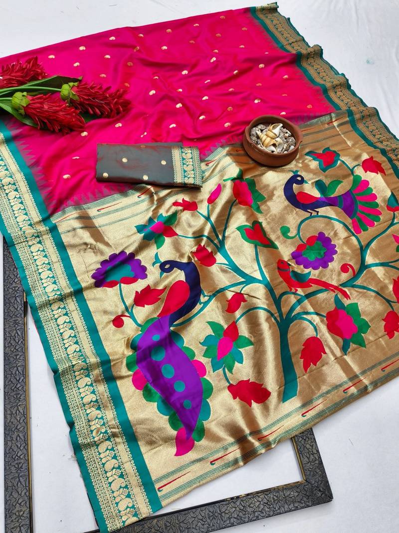 Rani pink zari woven paithani silk blend saree with blouse piece