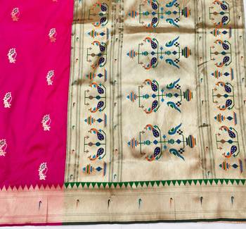 Pink zari woven paithani silk blend saree with blouse piece 5