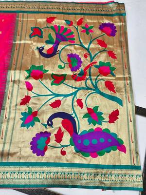 Rani pink zari woven paithani silk blend saree with blouse piece 2