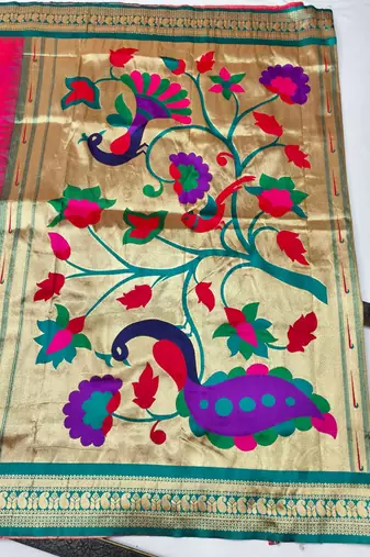 Rani pink zari woven paithani silk blend saree with blouse piece