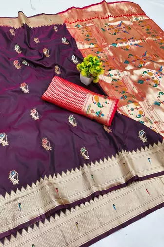 Dark wine zari woven paithani silk blend saree with blouse piece