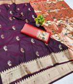 Dark wine zari woven paithani silk blend saree with blouse piece
