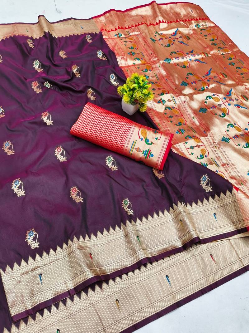 Dark wine zari woven paithani silk blend saree with blouse piece