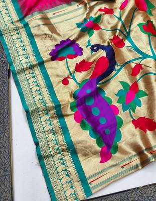 Rani pink zari woven paithani silk blend saree with blouse piece 3