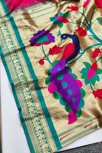 Rani pink zari woven paithani silk blend saree with blouse piece