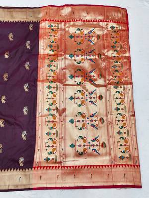 Dark wine zari woven paithani silk blend saree with blouse piece 2