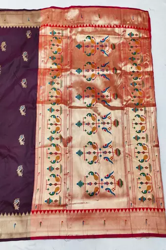 Dark wine zari woven paithani silk blend saree with blouse piece