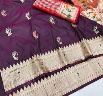 Dark wine zari woven paithani silk blend saree with blouse piece 3