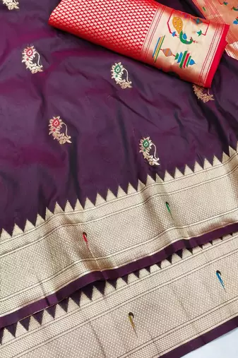 Dark wine zari woven paithani silk blend saree with blouse piece