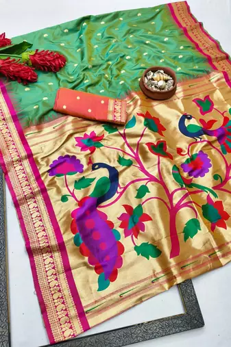 Light green woven paithani silk blend saree with blouse piece