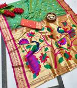 Light green woven paithani silk blend saree with blouse piece