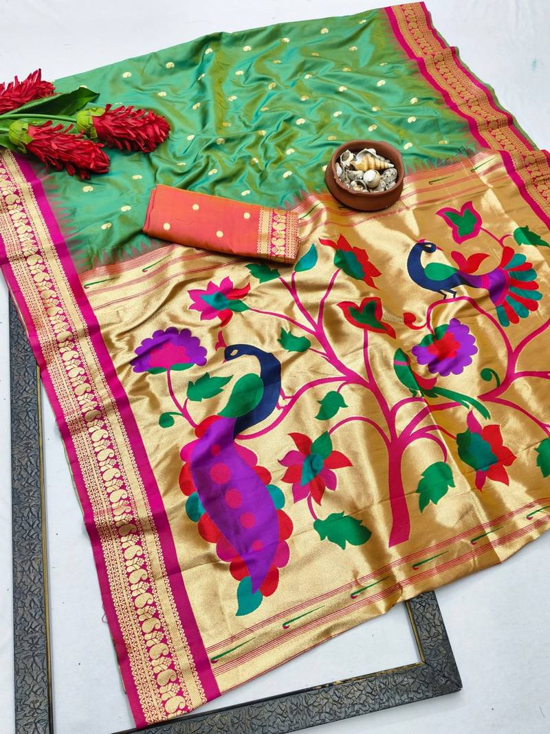 Light green woven paithani silk blend saree with blouse piece