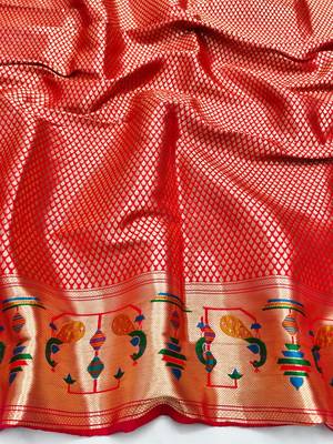 Dark wine zari woven paithani silk blend saree with blouse piece 4